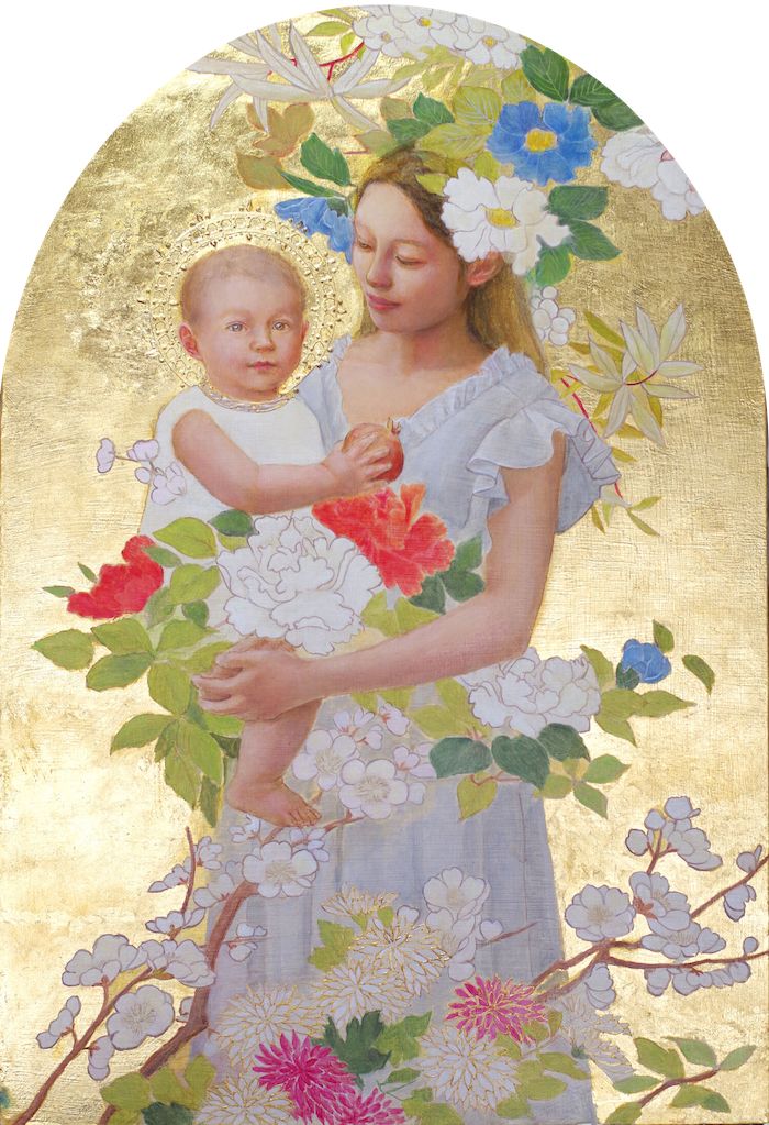 日本の花々に囲まれた聖母子像