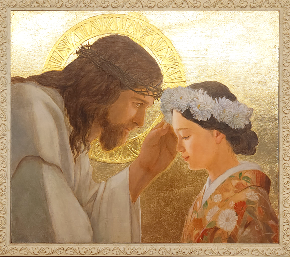 イエス・キリストが日本女性に花冠を授ける絵画